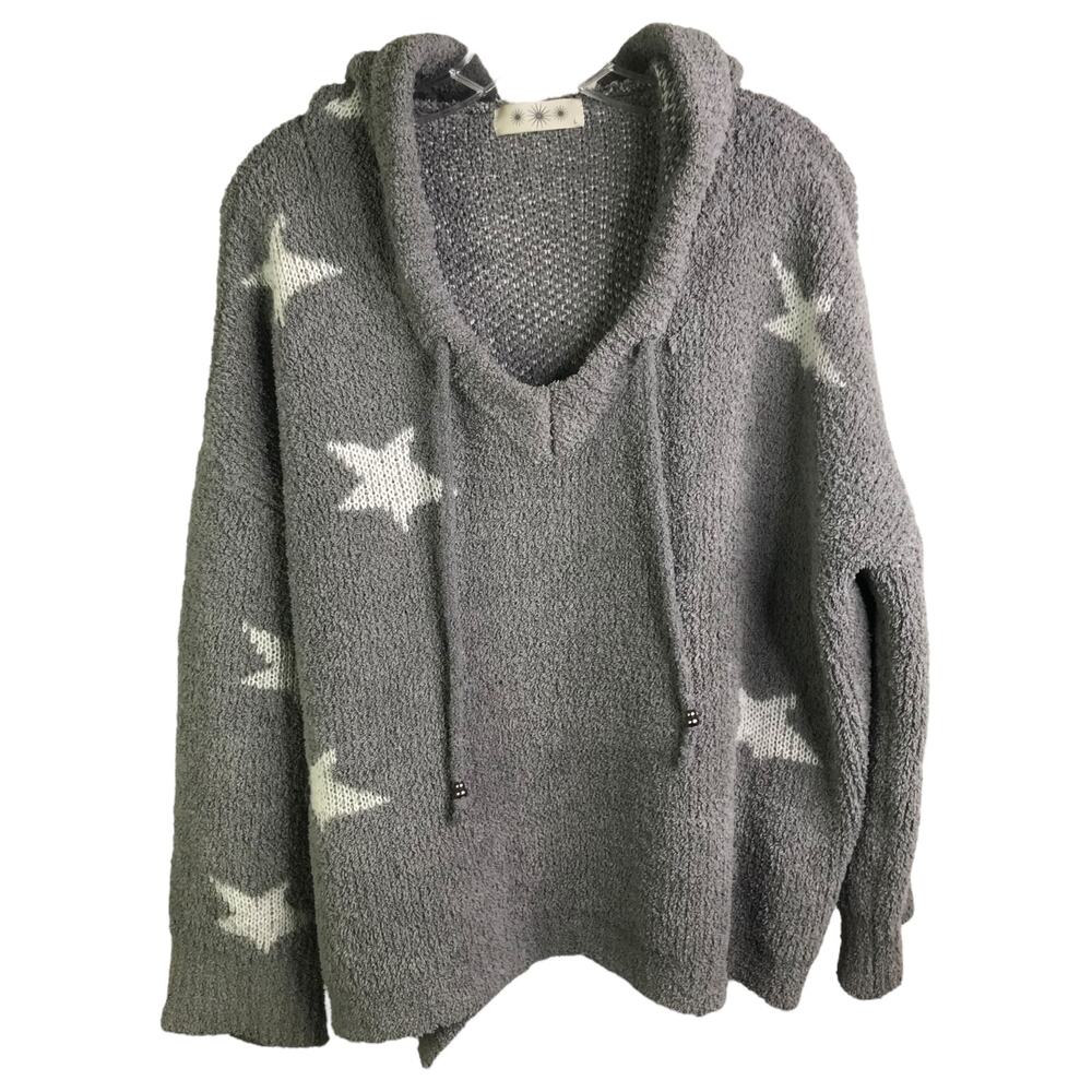 Polaris Fleece Sweater Womens Sz M Gray White Stars Hooded Long‎ Sleeves V-Neck